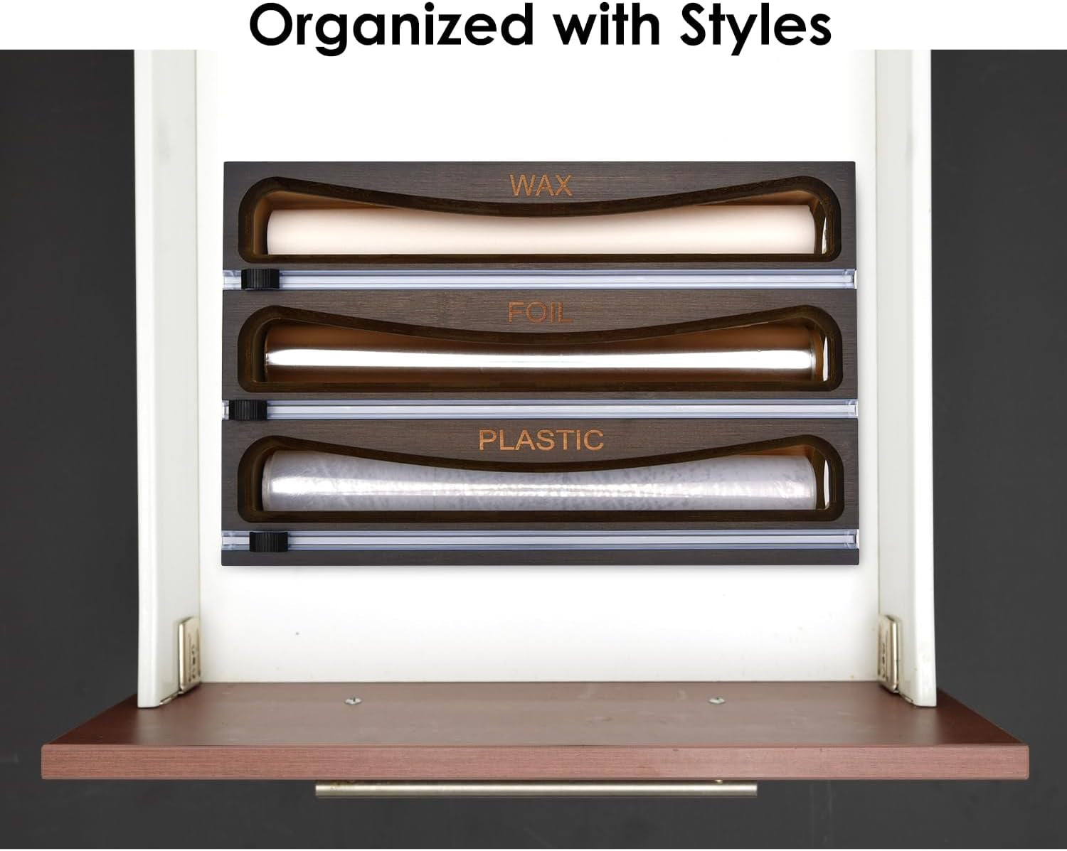Bamboo Bag Storage Organizer, Wrap Dispenser, and Drawer Organizer Bundle for Kitchen Drawer (Vintage Brown)