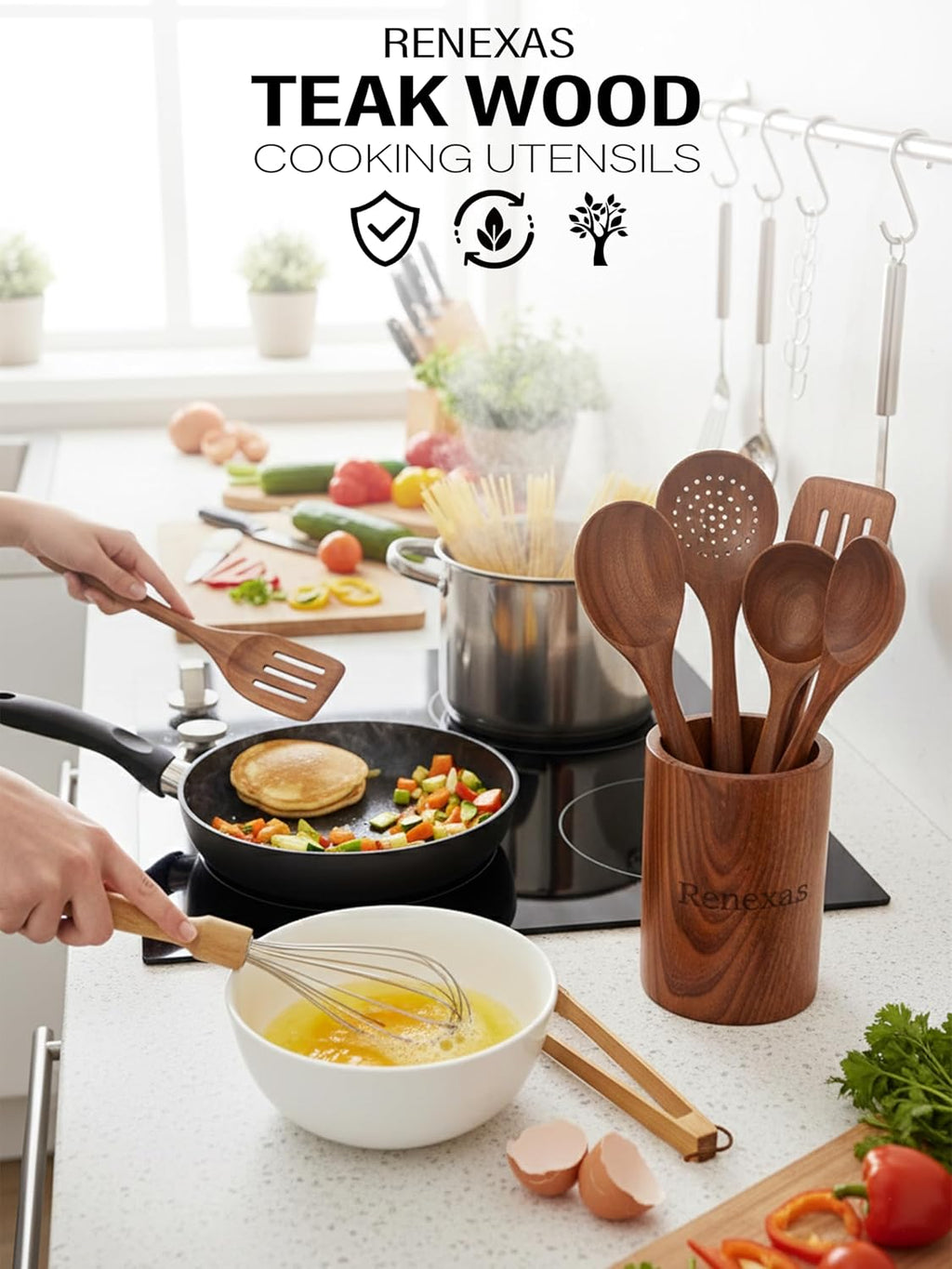 9-Piece Teak Wood Kitchen Utensil Set – Nonstick Safe Spoons and Spatulas, Heat Resistant, Durable Natural Wood, Ergonomic Grip Handles
