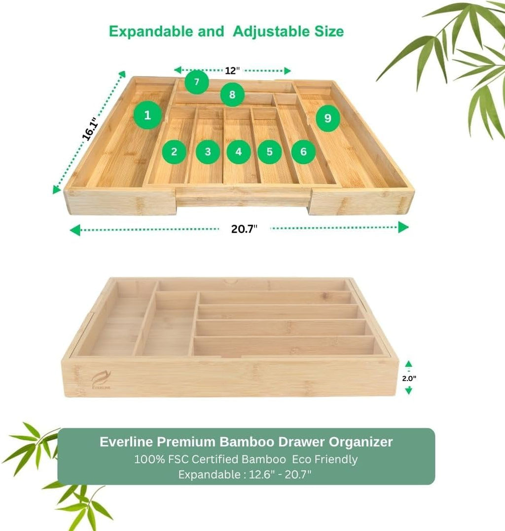 EVERLINE Expandable Bamboo Drawer Organizer for Kitchen Utensils | Adjustable Silverware Organizer Tray, 7-9 Compartments, Natural Bamboo, Cutlery & Kitchen Storage