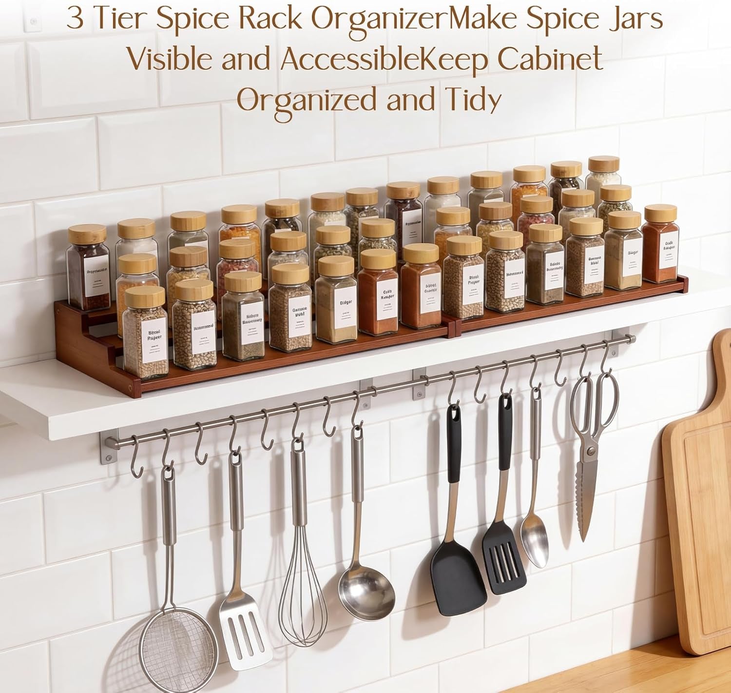 Spice Rack Kitchen Cabinet Organizer-18-Inch Bamboo Spice Organizer for Kitchen Countertop, Cabinet, and Pantry Storage (Walnut, L)
