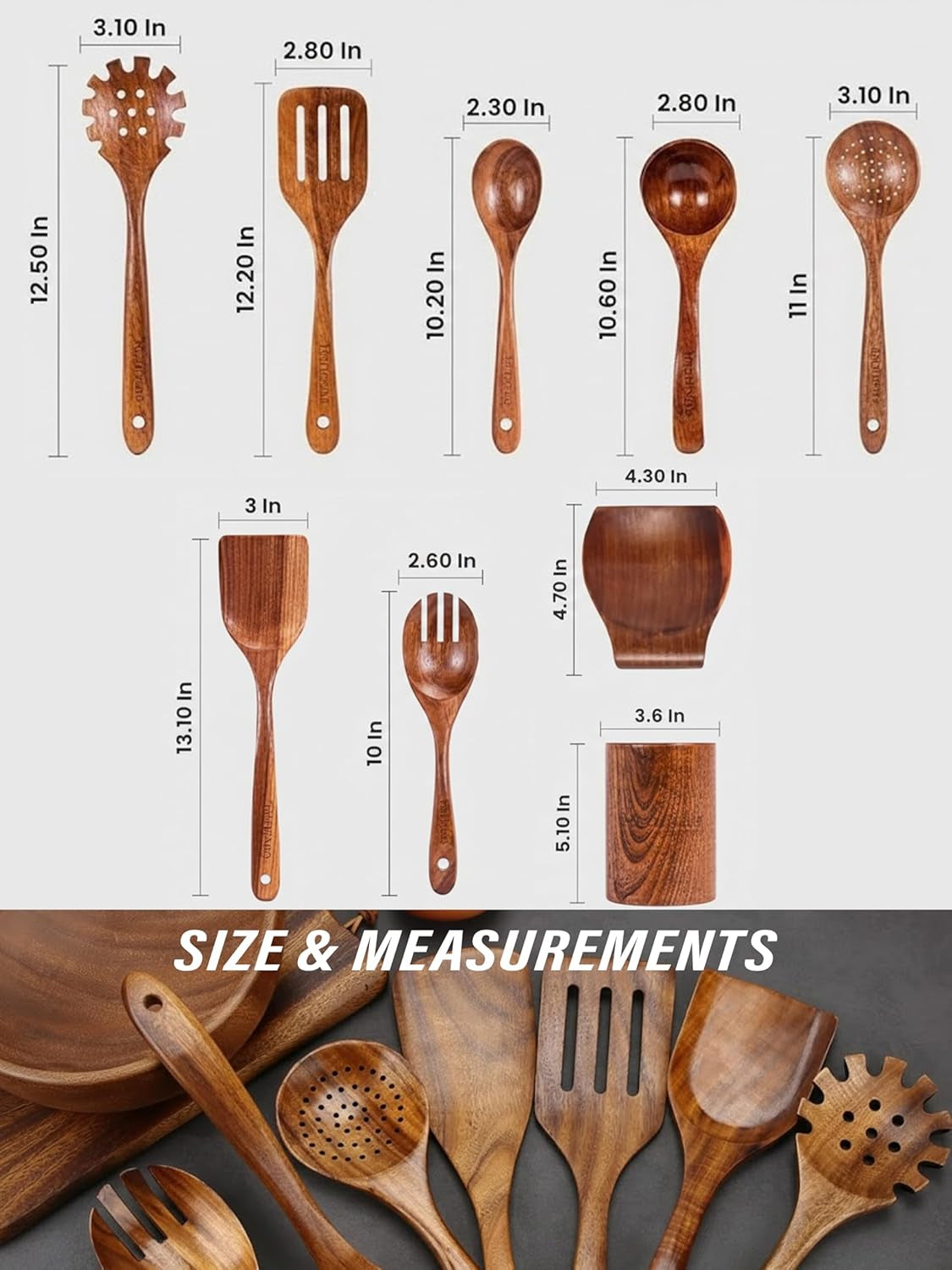 9-Piece Teak Wood Kitchen Utensil Set – Nonstick Safe Spoons and Spatulas, Heat Resistant, Durable Natural Wood, Ergonomic Grip Handles