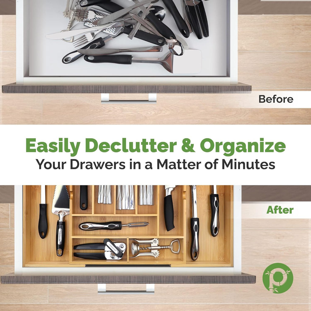 Expandable Silverware Organizer - Adjustable Kitchen Drawer Tray with 10 Compartments, Expands to 22 Inches Wide