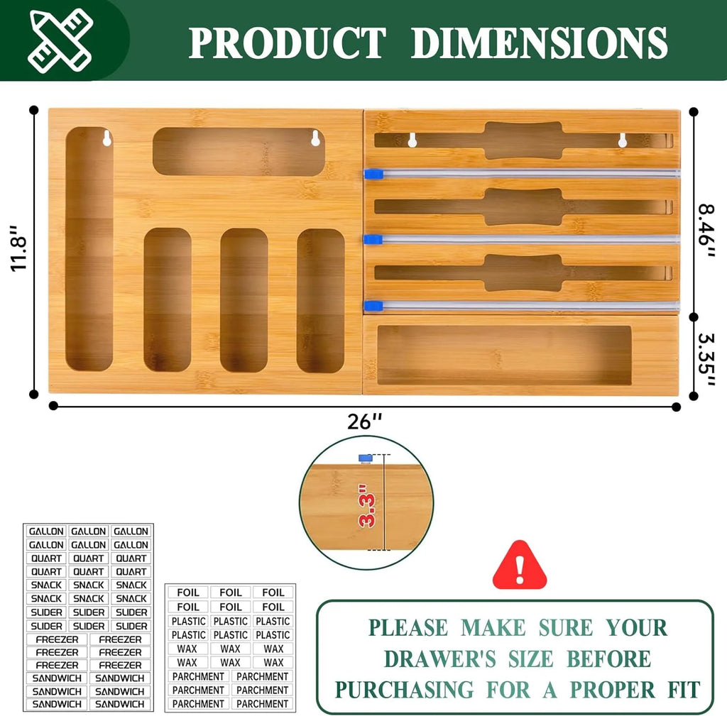 9 in 1 Kitchen Bag Storage Organizer,  Bamboo Ziplock Foil and Plastic Wrap Organizers with Cutter for Kitchen Drawer, Compatible Gallon, Quart, Sandwich Snack Size
