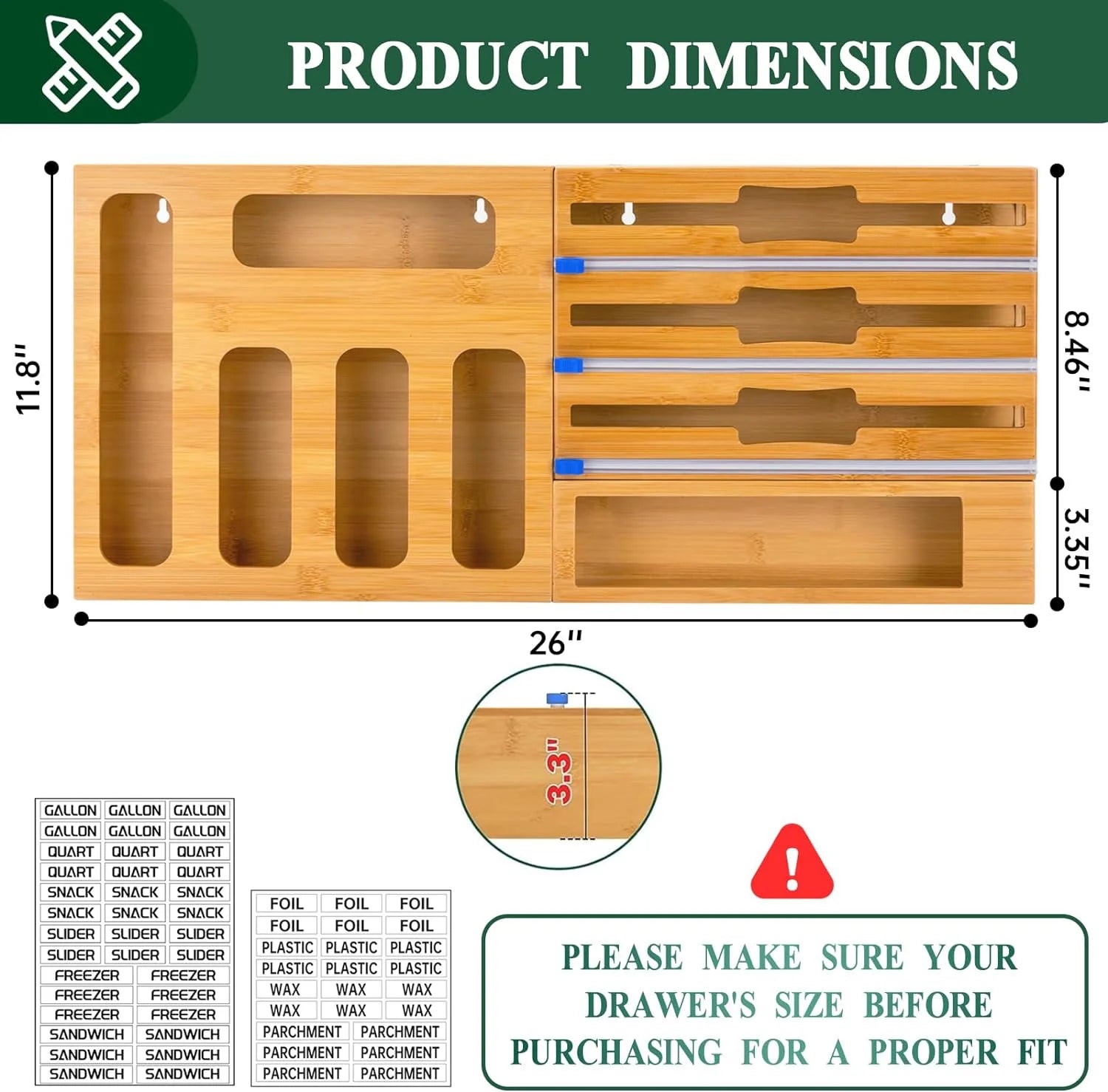 9 in 1 Kitchen Bag Storage Organizer,  Bamboo Ziplock Foil and Plastic Wrap Organizers with Cutter for Kitchen Drawer, Compatible Gallon, Quart, Sandwich Snack Size