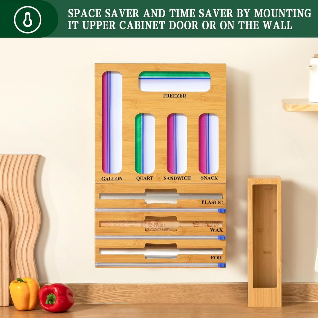 9 in 1 Kitchen Bag Storage Organizer,  Bamboo Ziplock Foil and Plastic Wrap Organizers with Cutter for Kitchen Drawer, Compatible Gallon, Quart, Sandwich Snack Size