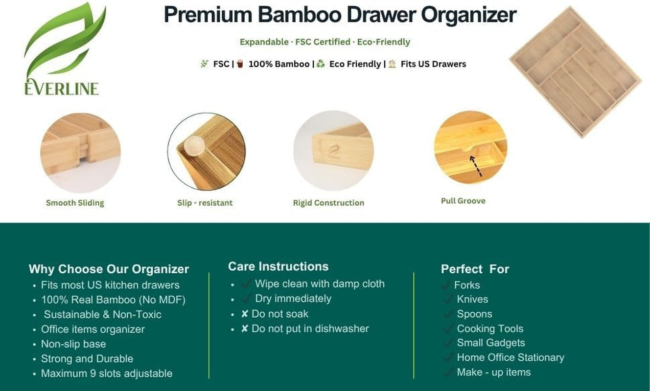 EVERLINE Expandable Bamboo Drawer Organizer for Kitchen Utensils | Adjustable Silverware Organizer Tray, 7-9 Compartments, Natural Bamboo, Cutlery & Kitchen Storage