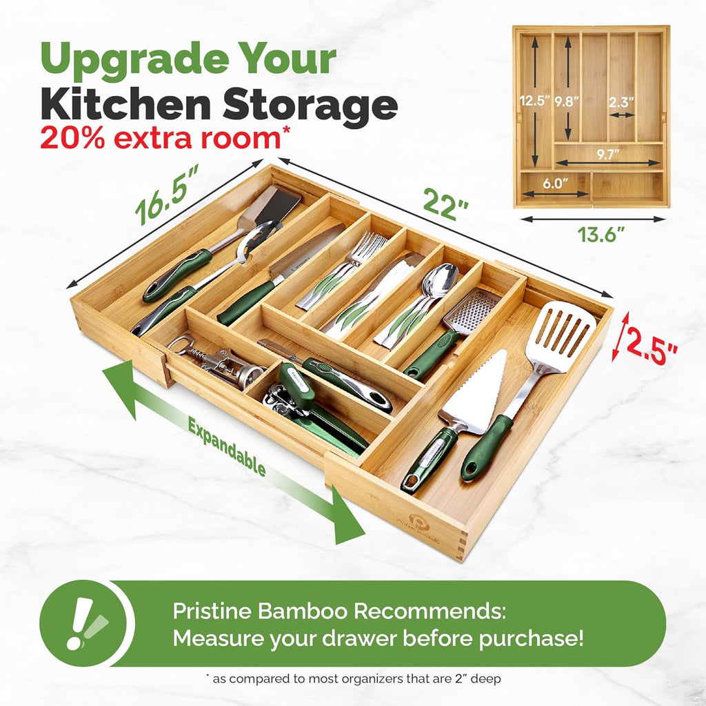 Expandable Silverware Organizer - Adjustable Kitchen Drawer Tray with 10 Compartments, Expands to 22 Inches Wide