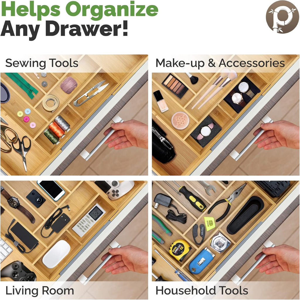 Expandable Silverware Organizer - Adjustable Kitchen Drawer Tray with 10 Compartments, Expands to 22 Inches Wide