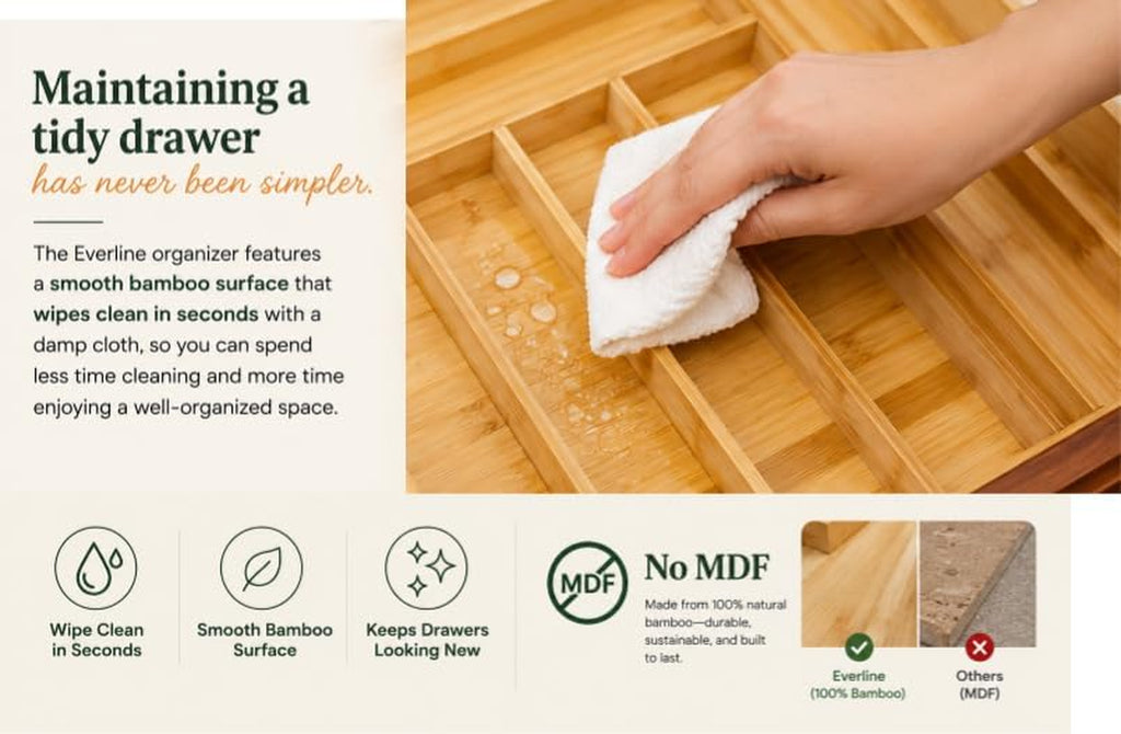 EVERLINE Expandable Bamboo Drawer Organizer for Kitchen Utensils | Adjustable Silverware Organizer Tray, 7-9 Compartments, Natural Bamboo, Cutlery & Kitchen Storage