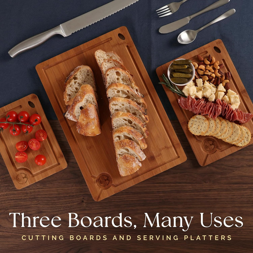 Carbonized Bamboo Cutting Board Set - Eco-Friendly 3-Piece Non-Toxic Wooden Chopping Boards with Hanging Holes and 500°F Technology for Kitchen and Charcuterie Serving
