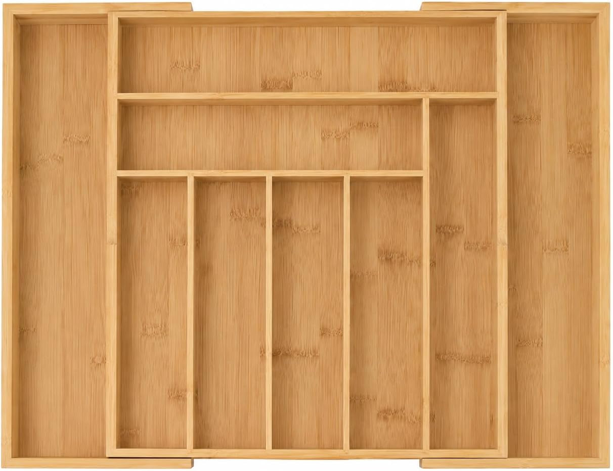 EVERLINE Expandable Bamboo Drawer Organizer for Kitchen Utensils | Adjustable Silverware Organizer Tray, 7-9 Compartments, Natural Bamboo, Cutlery & Kitchen Storage