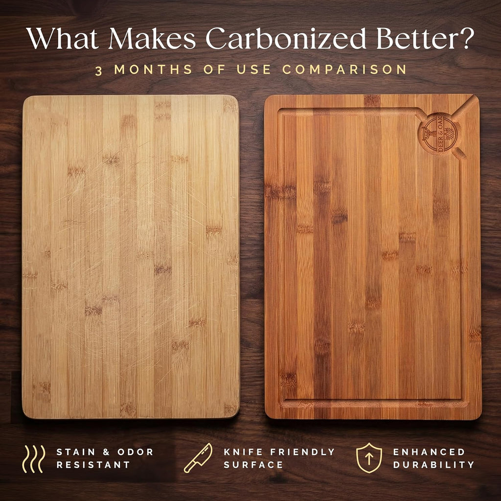 Carbonized Bamboo Cutting Board Set - Eco-Friendly 3-Piece Non-Toxic Wooden Chopping Boards with Hanging Holes and 500°F Technology for Kitchen and Charcuterie Serving