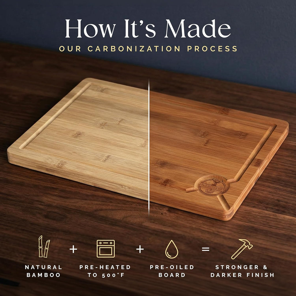 Carbonized Bamboo Cutting Board Set - Eco-Friendly 3-Piece Non-Toxic Wooden Chopping Boards with Hanging Holes and 500°F Technology for Kitchen and Charcuterie Serving