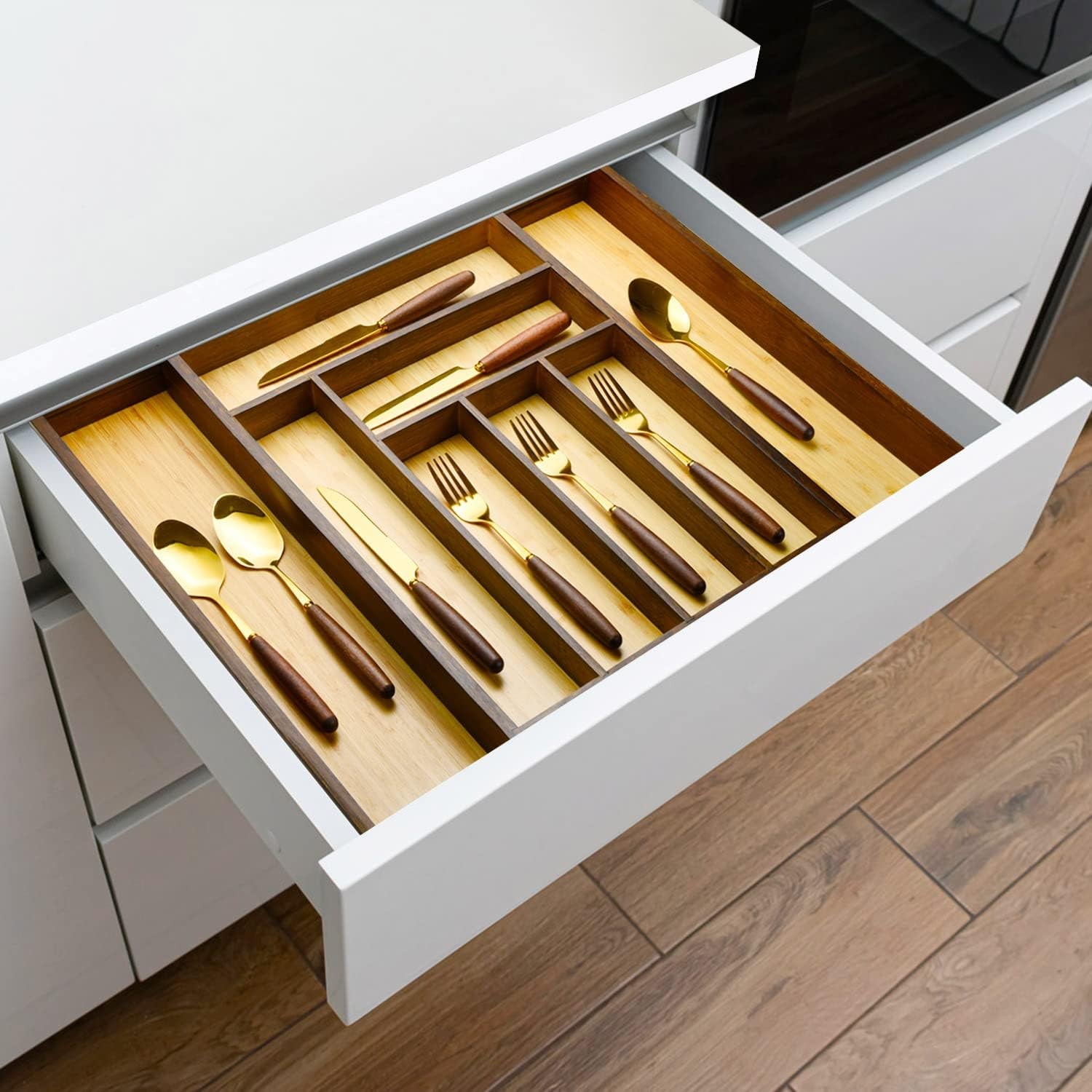Bamboo Bag Storage Organizer, Wrap Dispenser, and Drawer Organizer Bundle for Kitchen Drawer (Vintage Brown)