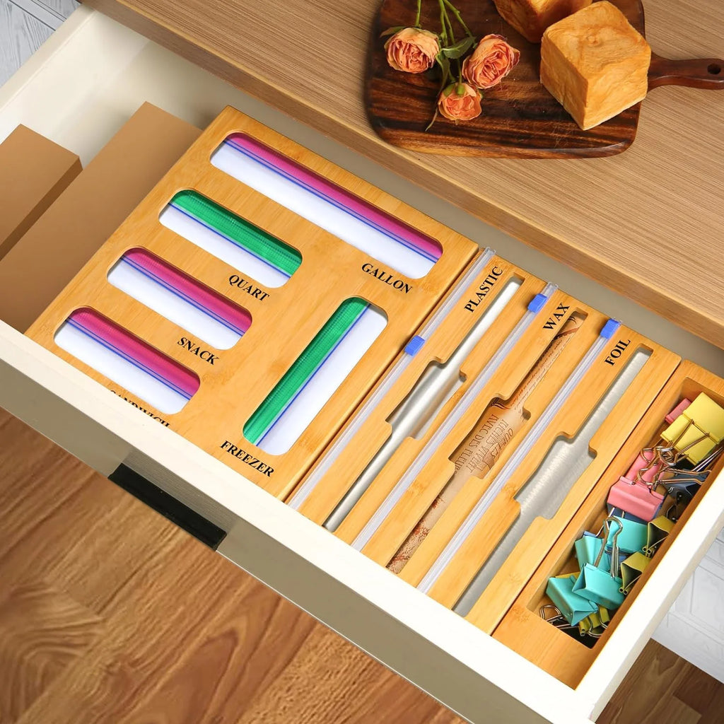 9 in 1 Kitchen Bag Storage Organizer,  Bamboo Ziplock Foil and Plastic Wrap Organizers with Cutter for Kitchen Drawer, Compatible Gallon, Quart, Sandwich Snack Size