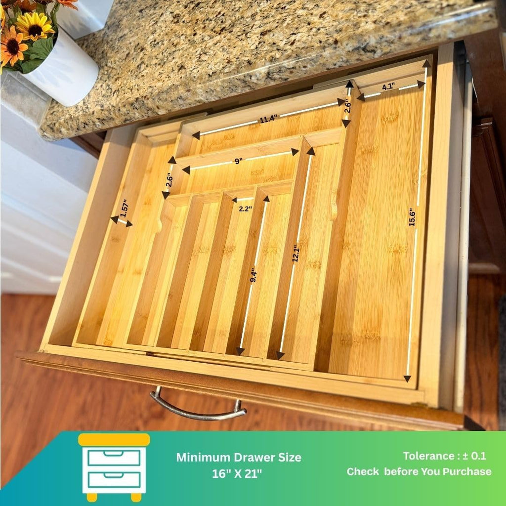 EVERLINE Expandable Bamboo Drawer Organizer for Kitchen Utensils | Adjustable Silverware Organizer Tray, 7-9 Compartments, Natural Bamboo, Cutlery & Kitchen Storage