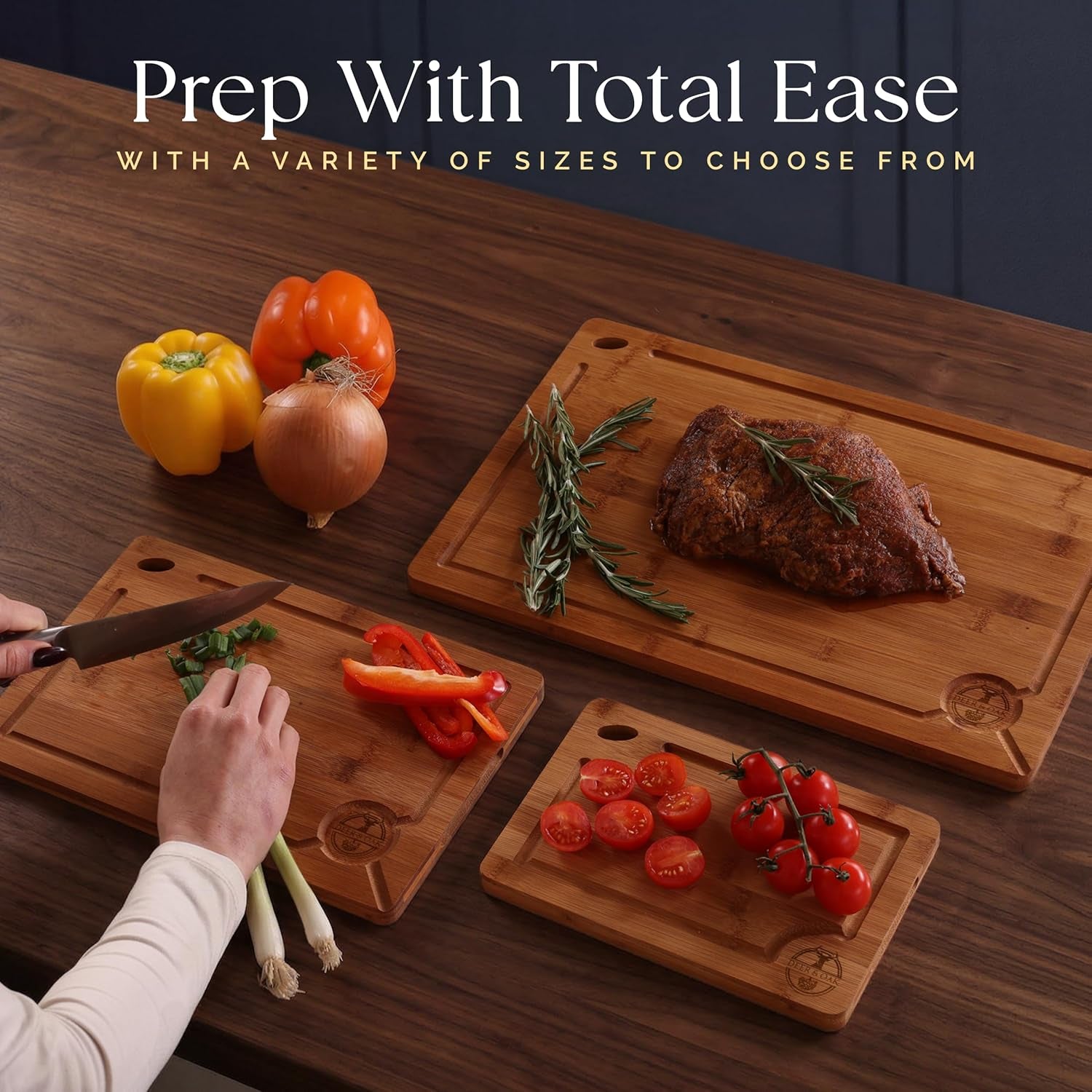 Carbonized Bamboo Cutting Board Set - Eco-Friendly 3-Piece Non-Toxic Wooden Chopping Boards with Hanging Holes and 500°F Technology for Kitchen and Charcuterie Serving
