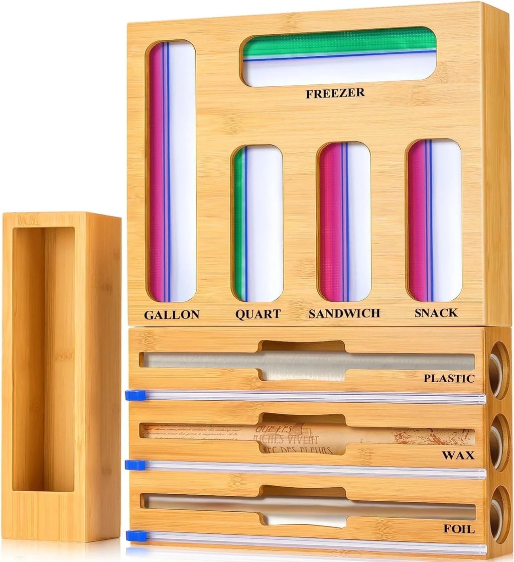 9 in 1 Kitchen Bag Storage Organizer,  Bamboo Ziplock Foil and Plastic Wrap Organizers with Cutter for Kitchen Drawer, Compatible Gallon, Quart, Sandwich Snack Size