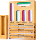 9 in 1 Kitchen Bag Storage Organizer,  Bamboo Ziplock Foil and Plastic Wrap Organizers with Cutter for Kitchen Drawer, Compatible Gallon, Quart, Sandwich Snack Size