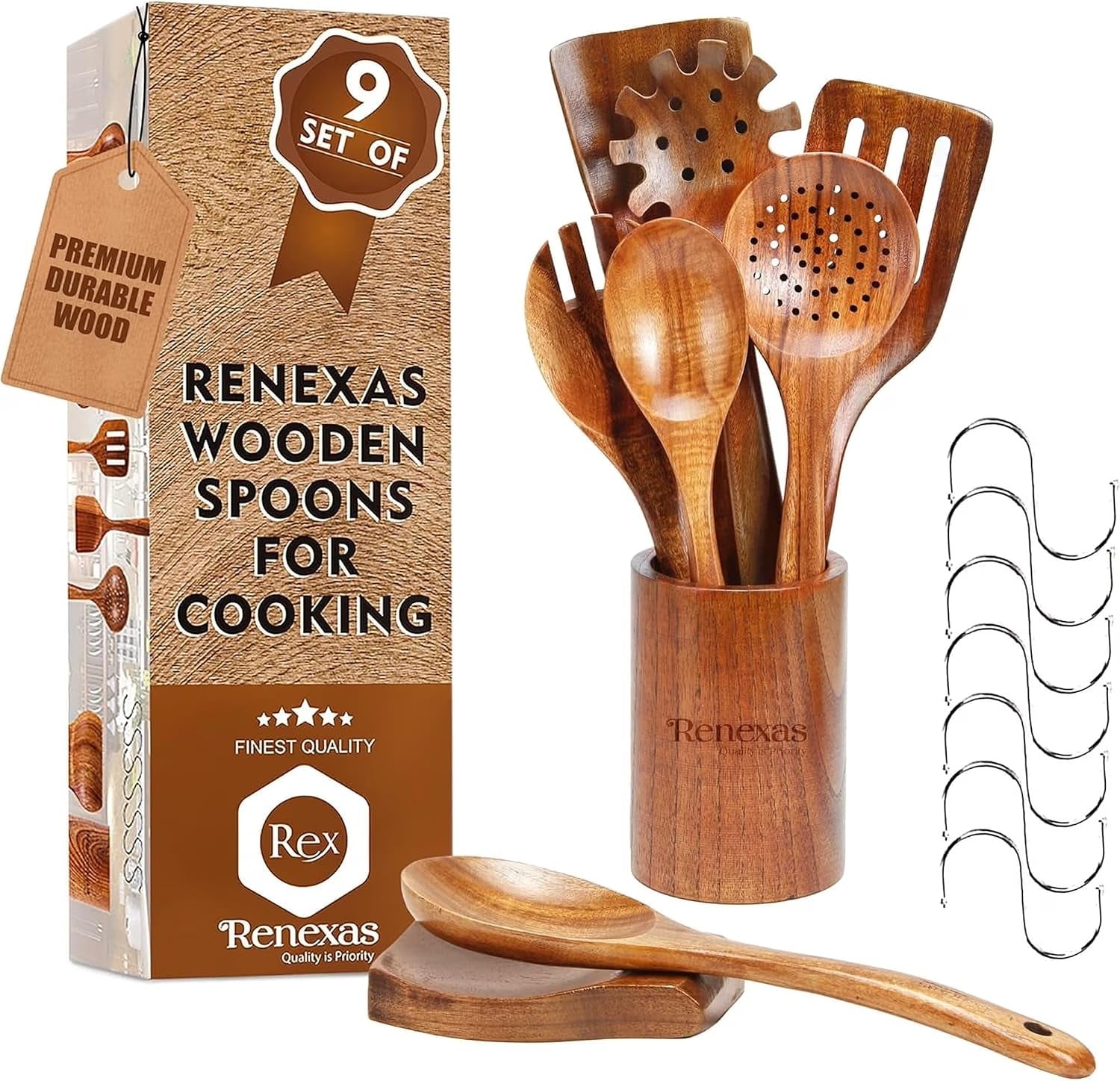 9-Piece Teak Wood Kitchen Utensil Set – Nonstick Safe Spoons and Spatulas, Heat Resistant, Durable Natural Wood, Ergonomic Grip Handles