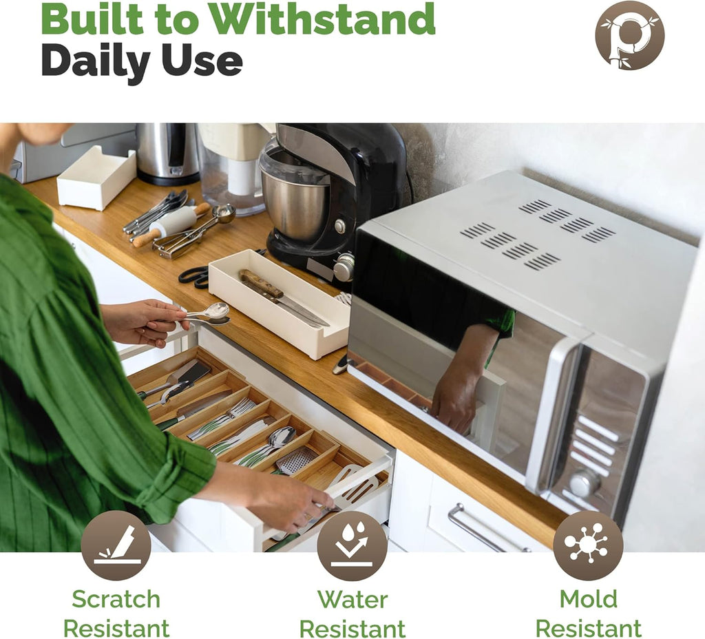 Expandable Silverware Organizer - Adjustable Kitchen Drawer Tray with 10 Compartments, Expands to 22 Inches Wide