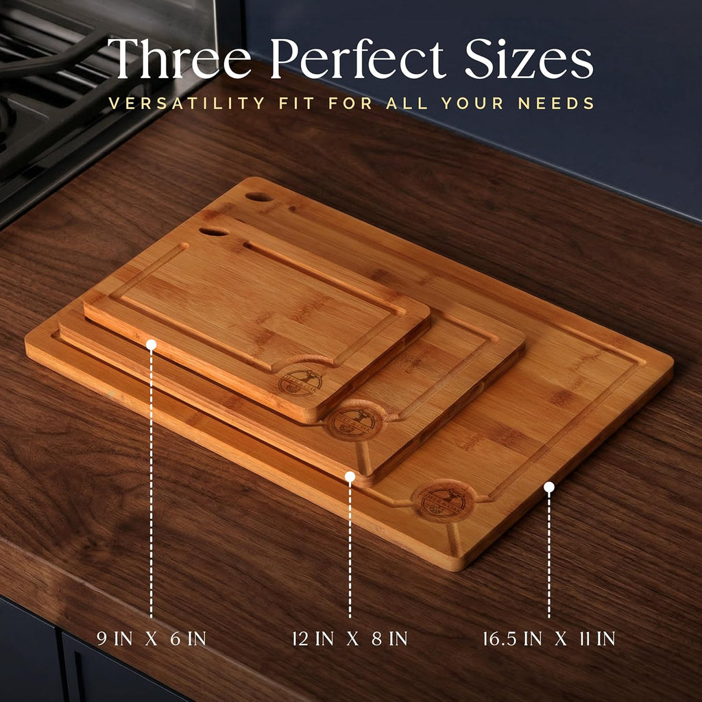 Carbonized Bamboo Cutting Board Set - Eco-Friendly 3-Piece Non-Toxic Wooden Chopping Boards with Hanging Holes and 500°F Technology for Kitchen and Charcuterie Serving