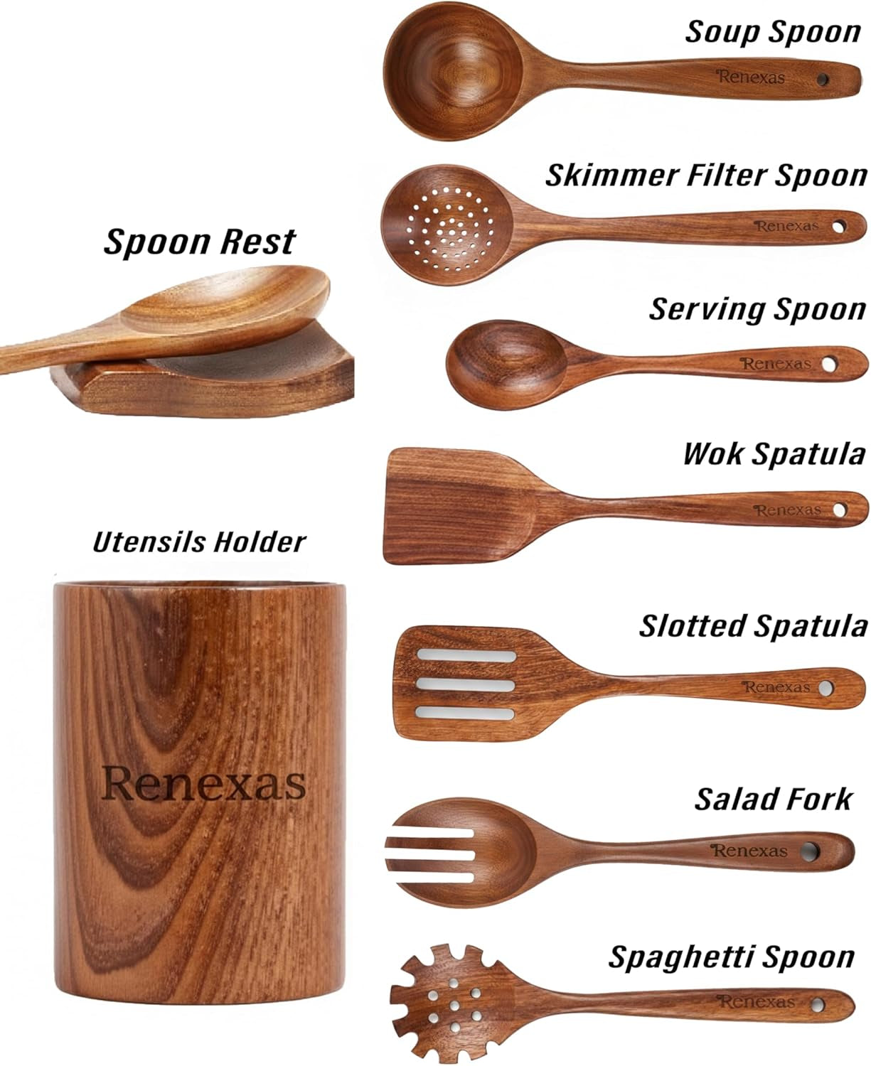 9-Piece Teak Wood Kitchen Utensil Set – Nonstick Safe Spoons and Spatulas, Heat Resistant, Durable Natural Wood, Ergonomic Grip Handles