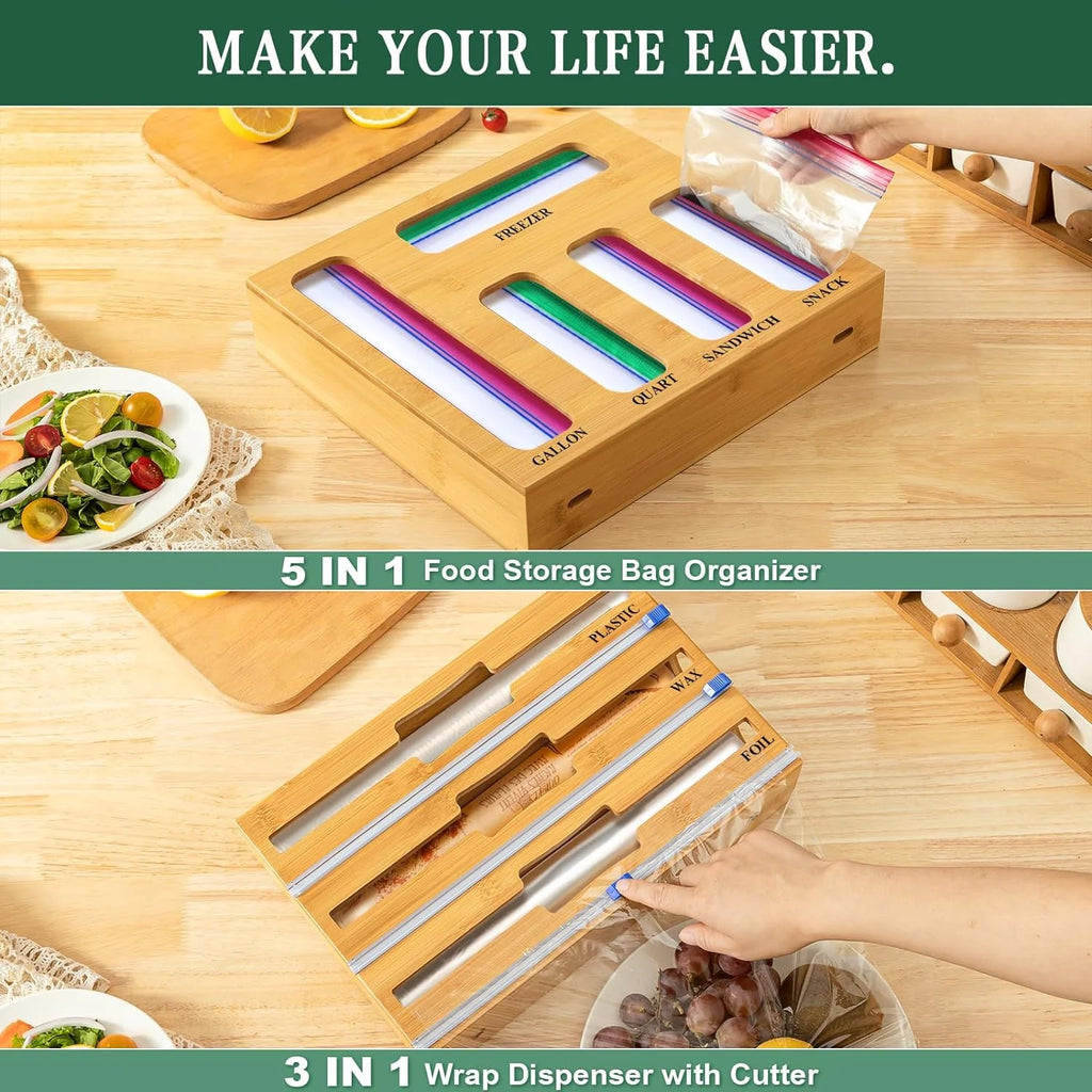 9 in 1 Kitchen Bag Storage Organizer,  Bamboo Ziplock Foil and Plastic Wrap Organizers with Cutter for Kitchen Drawer, Compatible Gallon, Quart, Sandwich Snack Size