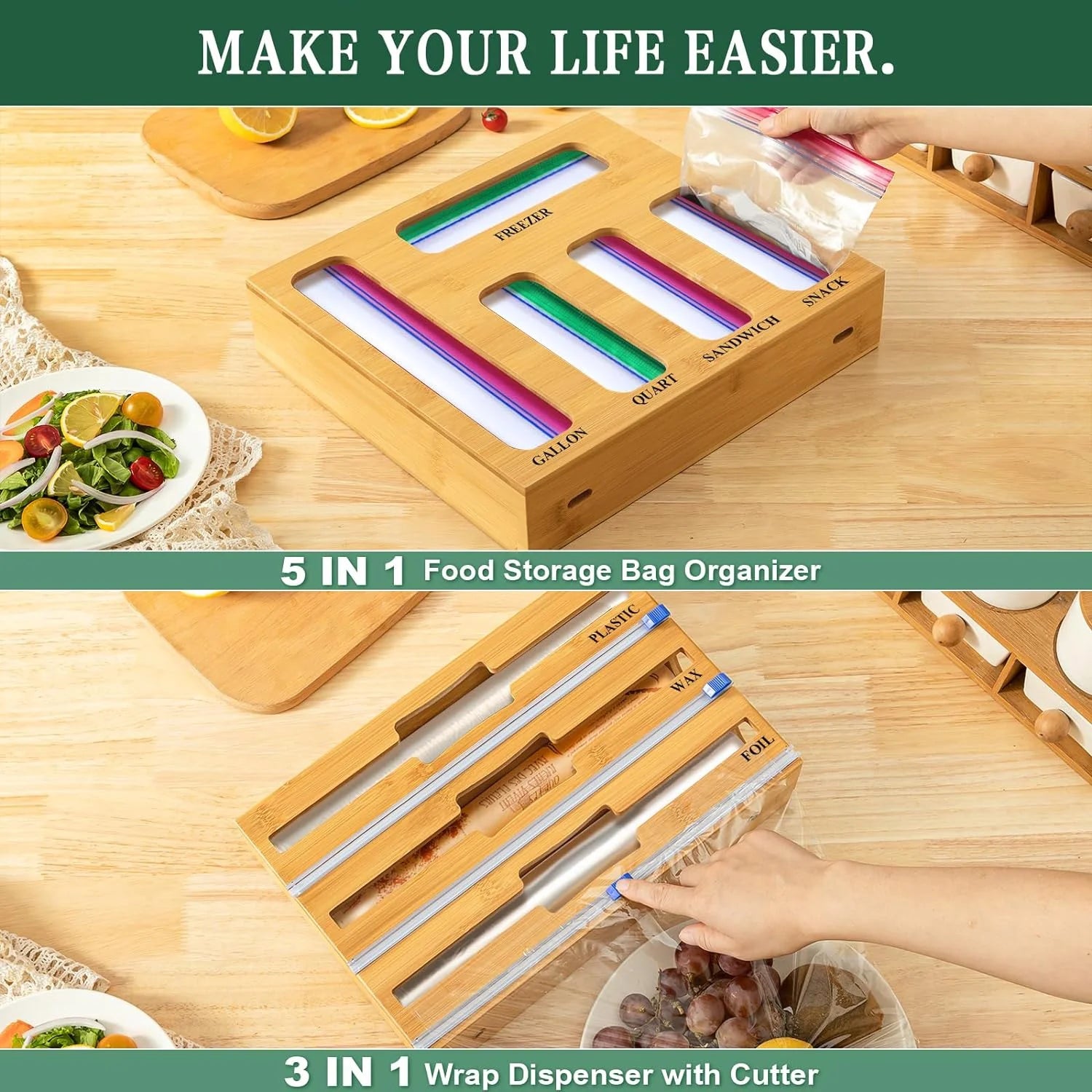 9 in 1 Kitchen Bag Storage Organizer,  Bamboo Ziplock Foil and Plastic Wrap Organizers with Cutter for Kitchen Drawer, Compatible Gallon, Quart, Sandwich Snack Size