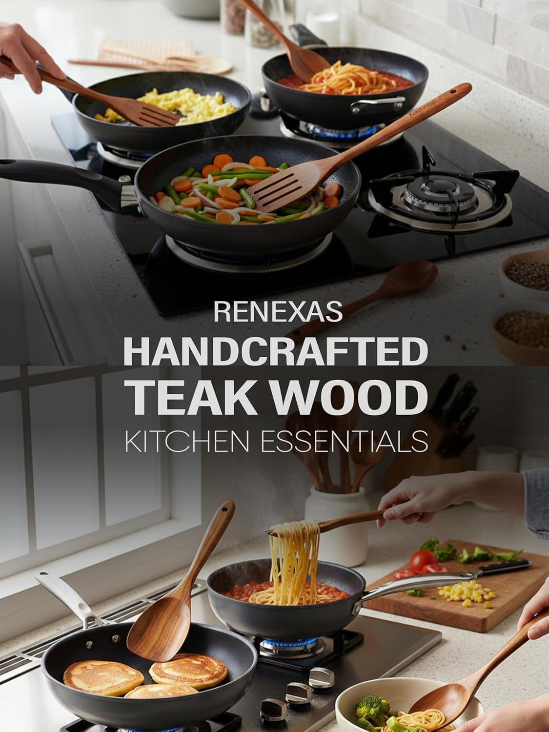 9-Piece Teak Wood Kitchen Utensil Set – Nonstick Safe Spoons and Spatulas, Heat Resistant, Durable Natural Wood, Ergonomic Grip Handles