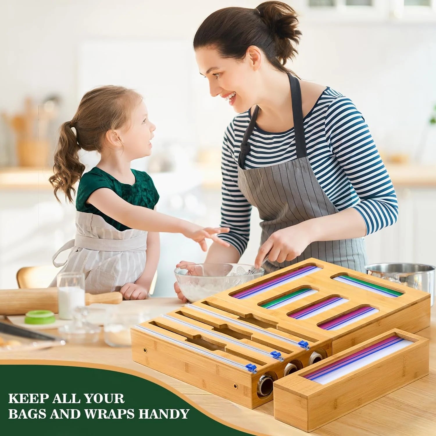 9 in 1 Kitchen Bag Storage Organizer,  Bamboo Ziplock Foil and Plastic Wrap Organizers with Cutter for Kitchen Drawer, Compatible Gallon, Quart, Sandwich Snack Size