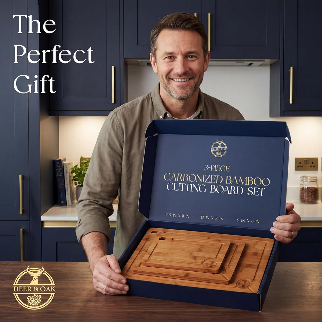Carbonized Bamboo Cutting Board Set - Eco-Friendly 3-Piece Non-Toxic Wooden Chopping Boards with Hanging Holes and 500°F Technology for Kitchen and Charcuterie Serving
