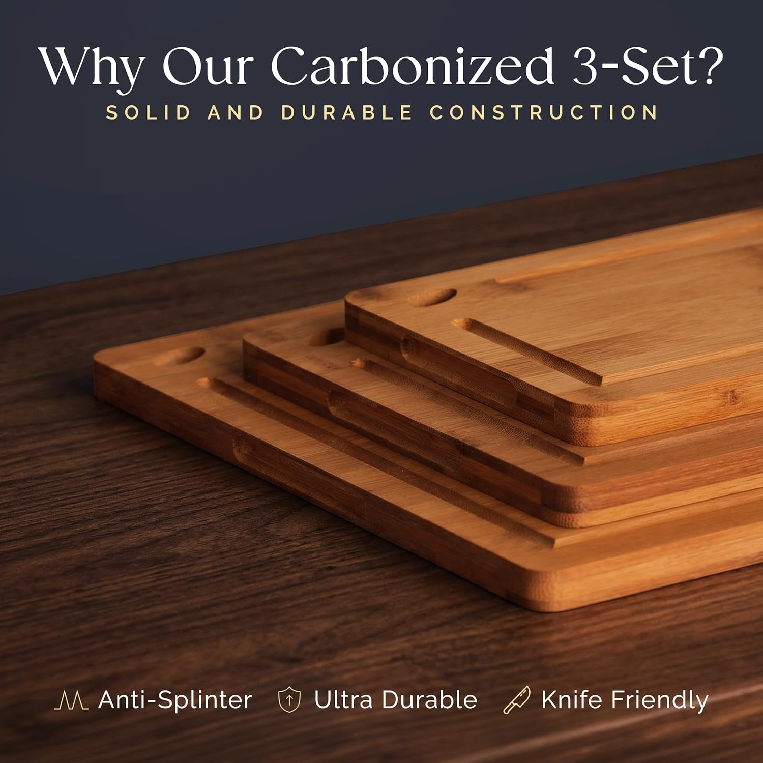 Carbonized Bamboo Cutting Board Set - Eco-Friendly 3-Piece Non-Toxic Wooden Chopping Boards with Hanging Holes and 500°F Technology for Kitchen and Charcuterie Serving