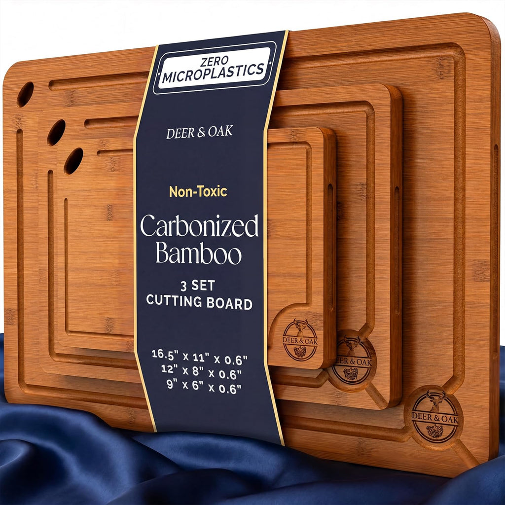 Carbonized Bamboo Cutting Board Set - Eco-Friendly 3-Piece Non-Toxic Wooden Chopping Boards with Hanging Holes and 500°F Technology for Kitchen and Charcuterie Serving