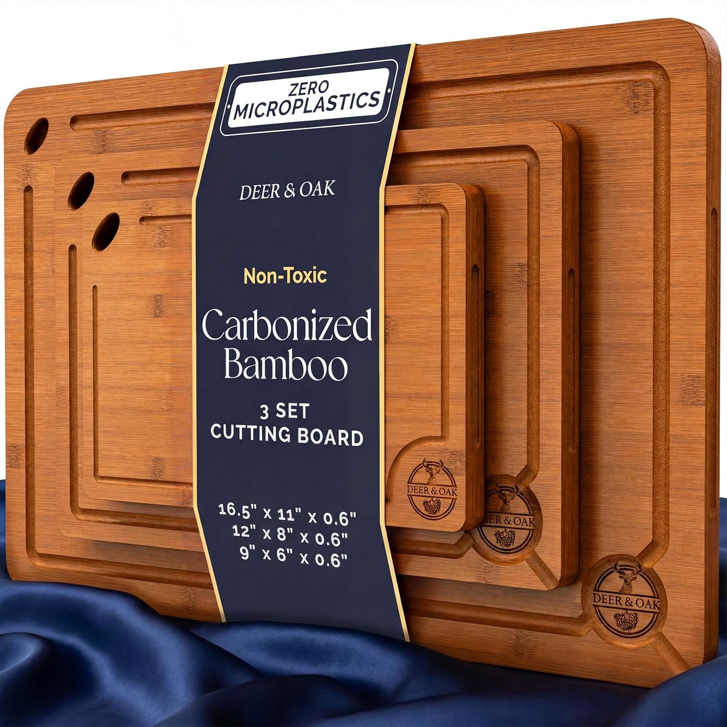 Carbonized Bamboo Cutting Board Set - Eco-Friendly 3-Piece Non-Toxic Wooden Chopping Boards with Hanging Holes and 500°F Technology for Kitchen and Charcuterie Serving