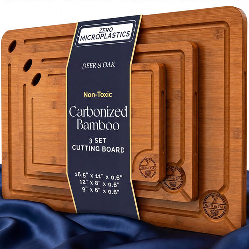 Carbonized Bamboo Cutting Board Set - Eco-Friendly 3-Piece Non-Toxic Wooden Chopping Boards with Hanging Holes and 500°F Technology for Kitchen and Charcuterie Serving
