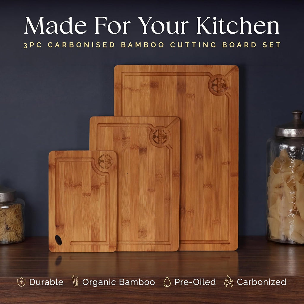 Carbonized Bamboo Cutting Board Set - Eco-Friendly 3-Piece Non-Toxic Wooden Chopping Boards with Hanging Holes and 500°F Technology for Kitchen and Charcuterie Serving
