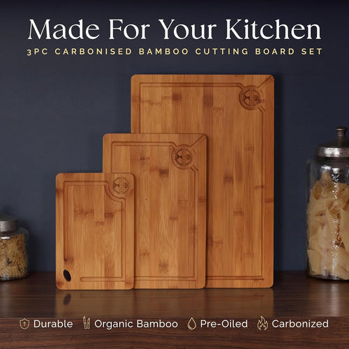 Carbonized Bamboo Cutting Board Set - Eco-Friendly 3-Piece Non-Toxic Wooden Chopping Boards with Hanging Holes and 500°F Technology for Kitchen and Charcuterie Serving