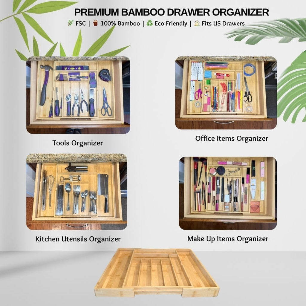 EVERLINE Expandable Bamboo Drawer Organizer for Kitchen Utensils | Adjustable Silverware Organizer Tray, 7-9 Compartments, Natural Bamboo, Cutlery & Kitchen Storage